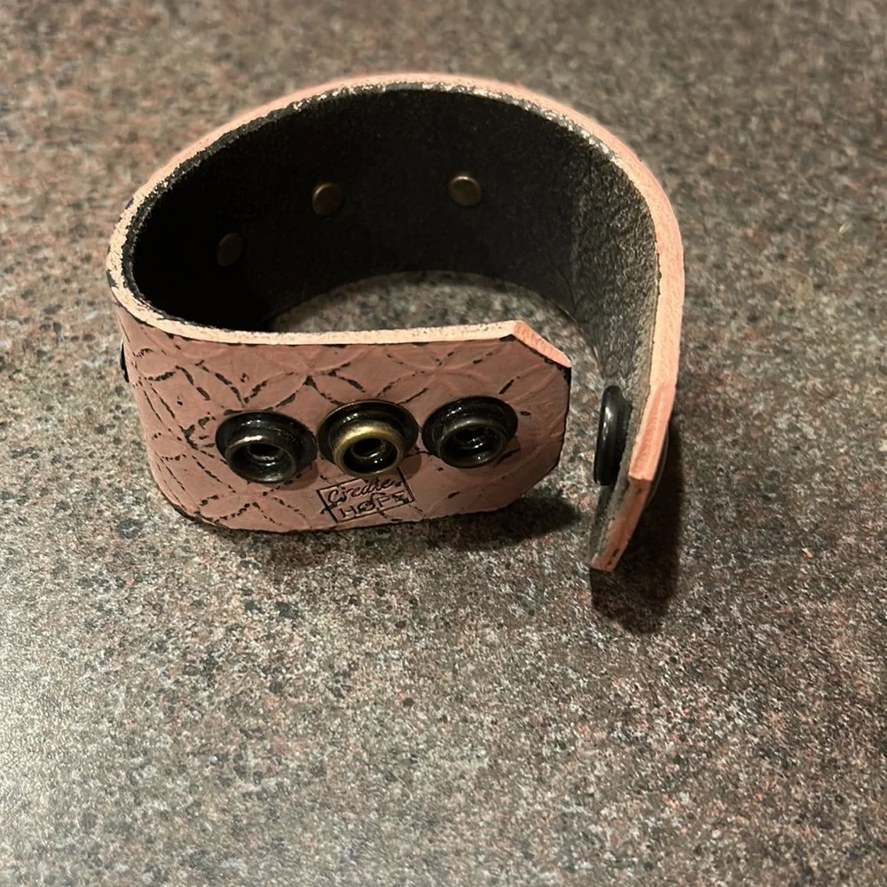 How Great Thou Art Pink Leather Cuff Bracelet with Turquoise Accent